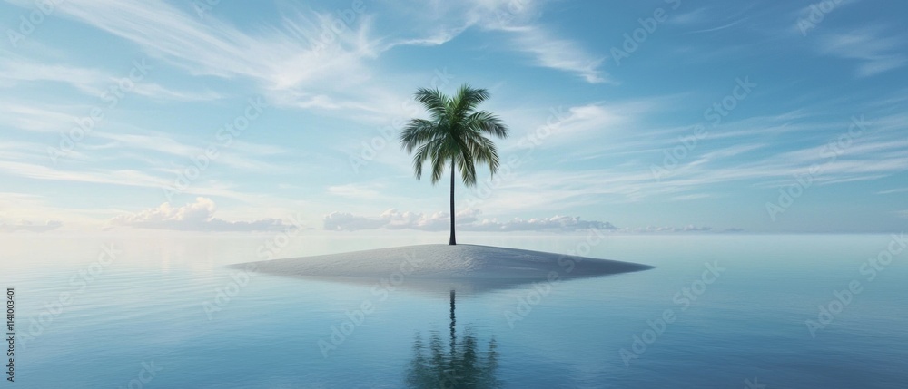 Poster digital illustration of a small island in the middle of the ocean. the island is white and has a sin