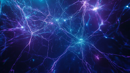  A vibrant blue neural network illustration showcasing interconnected neurons and synapses, representing advanced artificial intelligence and technological innovation.