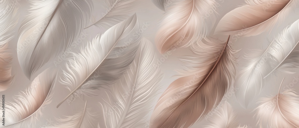 Poster seamless pattern of multiple feathers in different shades of pink and white. the feathers are arrang