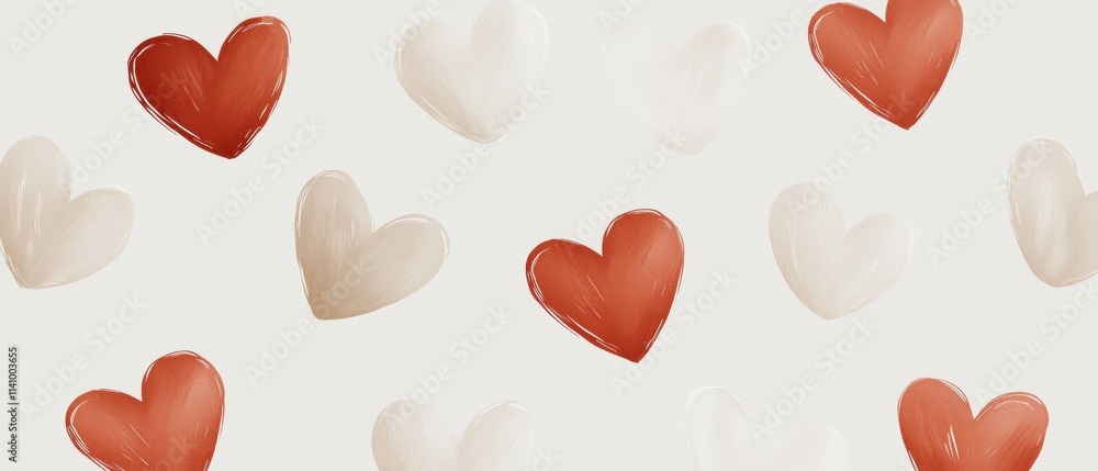 Poster seamless pattern of multiple red and beige hearts on a white background. the hearts are arranged in 