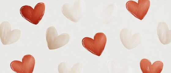 Seamless pattern of multiple red and beige hearts on a white background. the hearts are arranged in a repeating pattern, with each heart slightly overlapping the one below it.