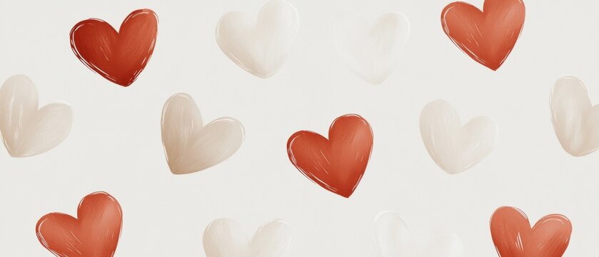 Seamless pattern of multiple red and beige hearts on a white background. the hearts are arranged in a repeating pattern, with each heart slightly overlapping the one below it.