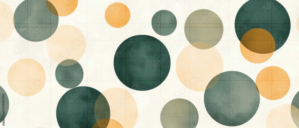 Poster abstract pattern of multiple overlapping circles in different shades of green, orange, and beige. th