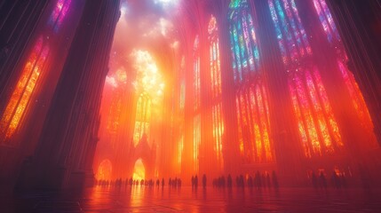 Fototapeta premium Glowing cathedral, figures gather, ethereal light.