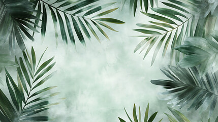 Palm tree leaves, blurry palm leaves against grey background light emerald green