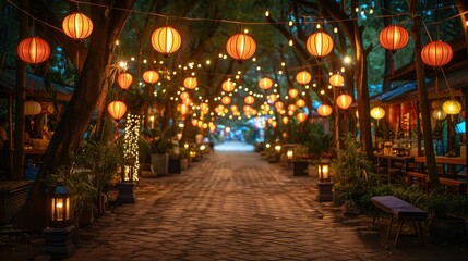A serene pathway adorned with glowing lanterns, creating a festive atmosphere.