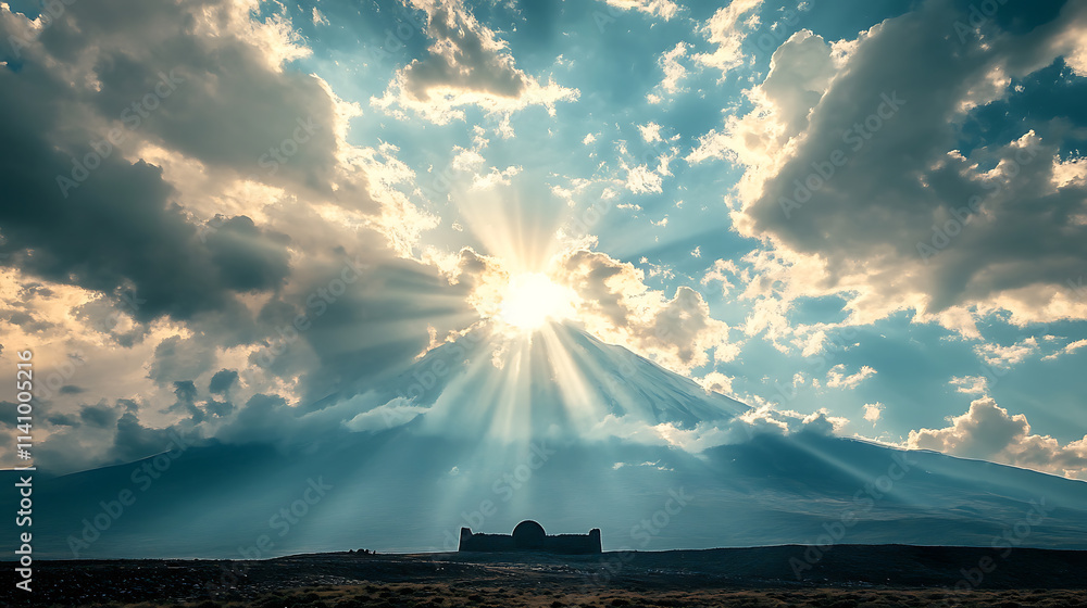 Aufkleber Sun rays shining through clouds over the peak of mount ararat with noah's ark resting in the foreground