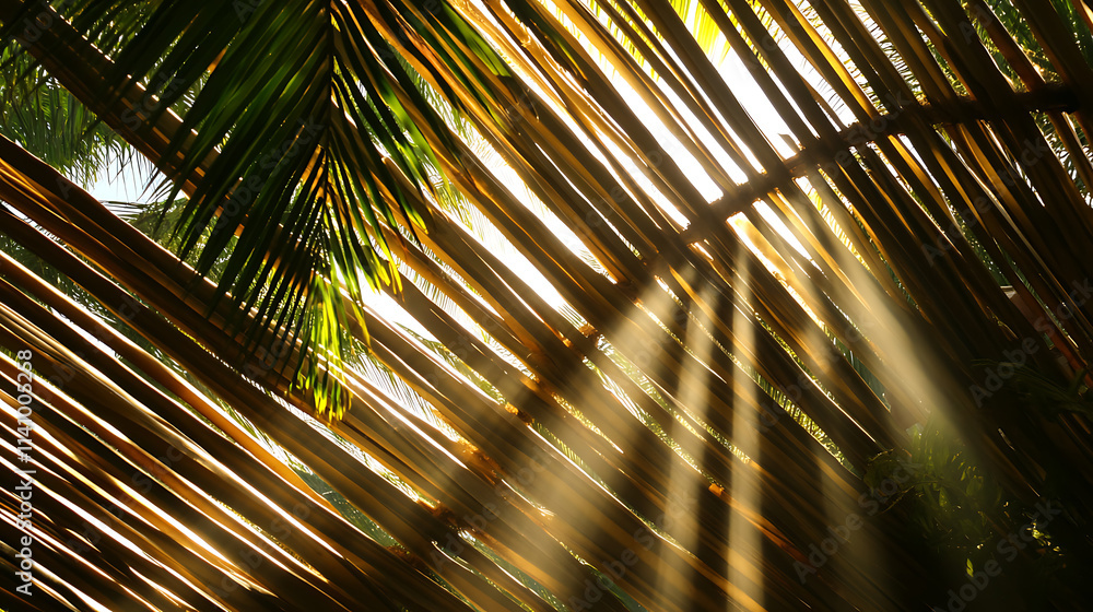 Aufkleber Sunlight is filtering through a sukkah roof made of palm leaves creating a pattern of light and shadow