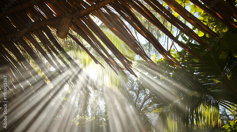 Poster Sunlight is filtering through a sukkah roof made of palm leaves creating a pattern of light and shadow