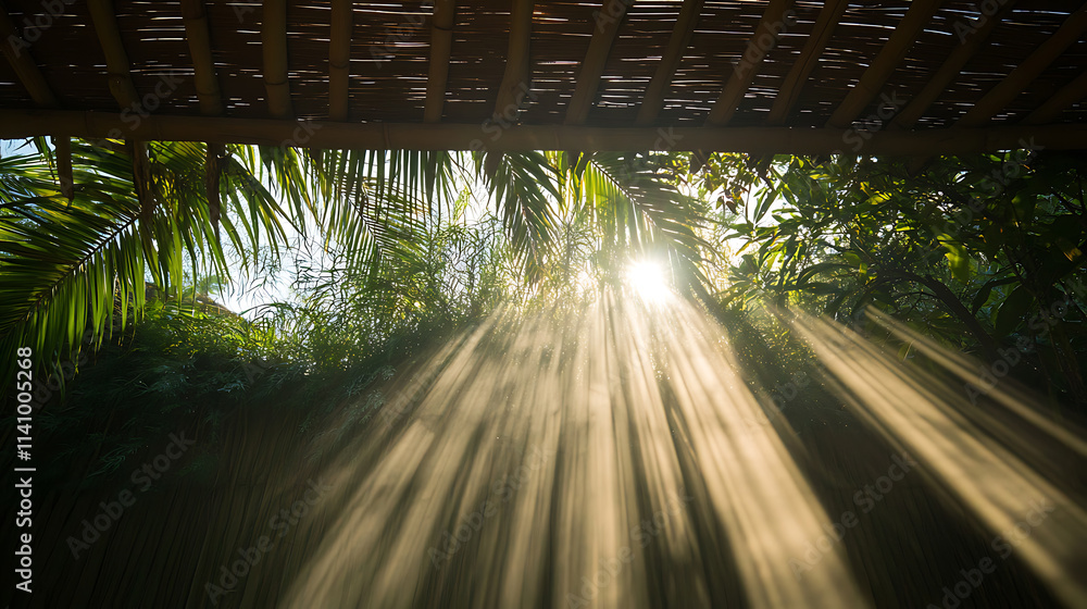 Aufkleber Sunlight is filtering through a sukkah roof made of palm leaves creating a pattern of light and shadow