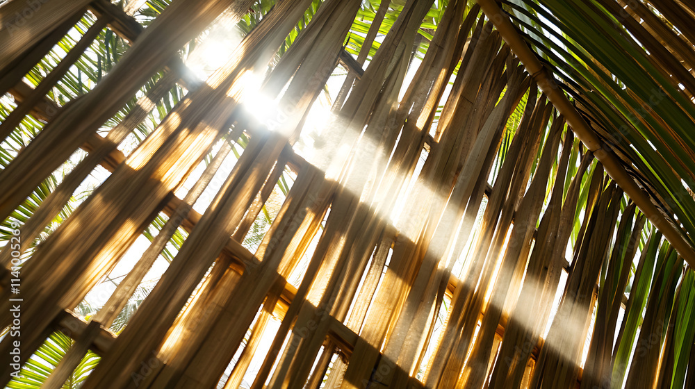 Poster Sunlight is filtering through a sukkah roof made of palm leaves creating a pattern of light and shadow