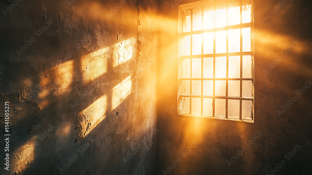 Poster Sunlight rays streaming through a prison window, illuminating a dimly lit cell and highlighting the sense of isolation