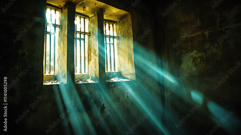 Poster sunlight rays streaming through a prison window, illuminating a dimly lit cell and highlighting the 