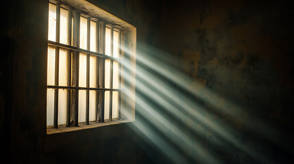 Sunlight rays streaming through a prison window, illuminating a dimly lit cell and highlighting the sense of isolation