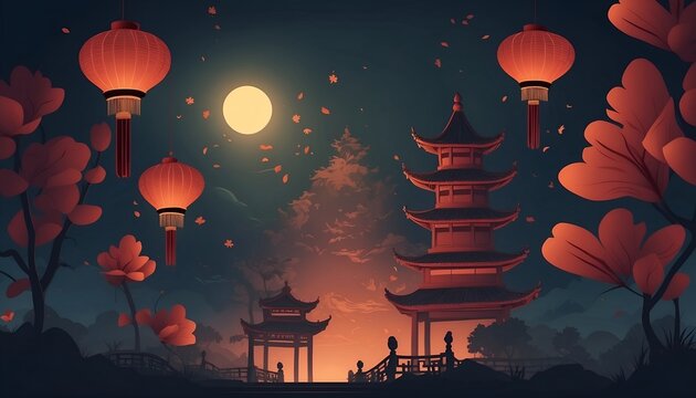 Fototapeta Colorful Chinese New Year card with  lanterns illuminate a serene temple pagoda under moonlight and a starry night sky, flowers, tree, magical atmosphere, floating leaves on dark background, cartoon