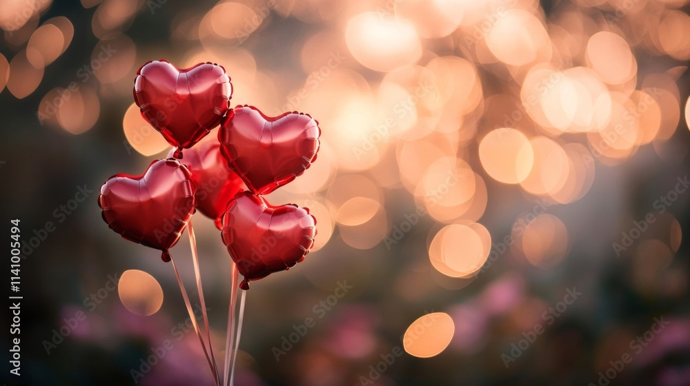 Poster red heart shaped balloons float against a bokeh background
