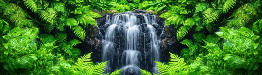 close up of majestic waterfall cascading down surrounded by lush green ferns, creating serene and tranquil atmosphere