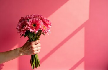 female hand with a bouquet of flowers on the left on a pink background valentine's day, women's day