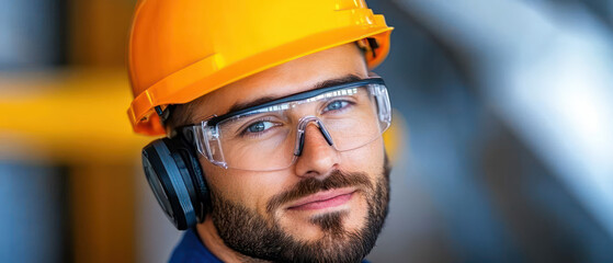 male engineer wearing hard hat and safety glasses, showcasing professionalism and focus in work environment