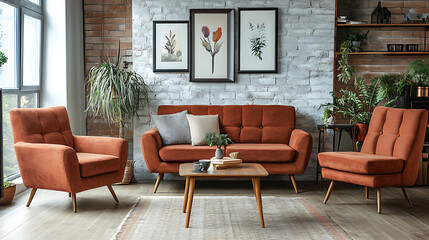 Terra cotta rustic armchair and sofa near wall with frame, scandinavian interior design of modern living room
