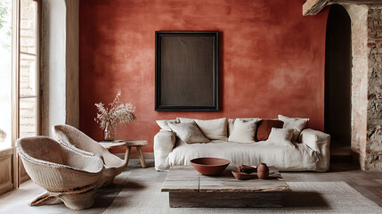 Terra cotta rustic armchair and sofa near wall with frame, scandinavian interior design of modern living room