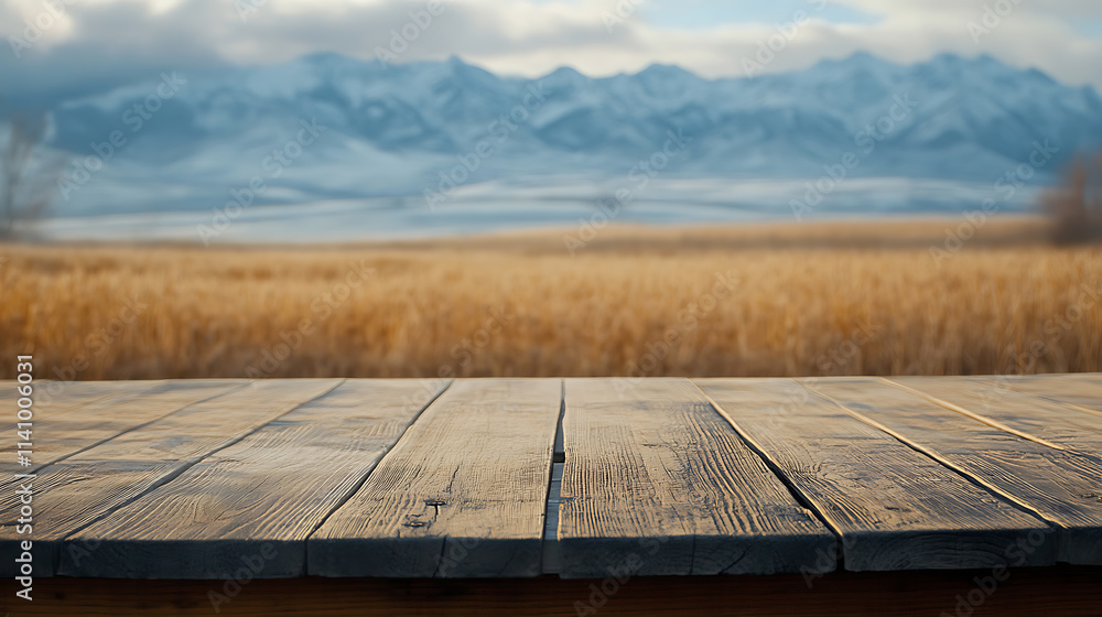 Poster empty wooden table top with blur background of wheat farm