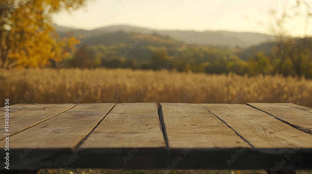 Aufkleber empty wooden table top with blur background of wheat farm