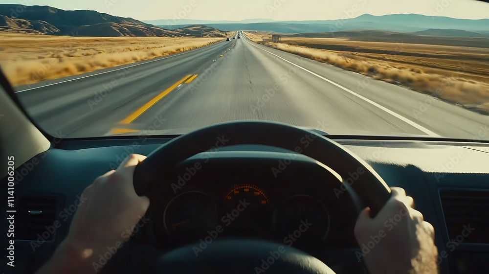 Poster point-of-view perspective from a driving car on a highway captures the sense of motion and travel