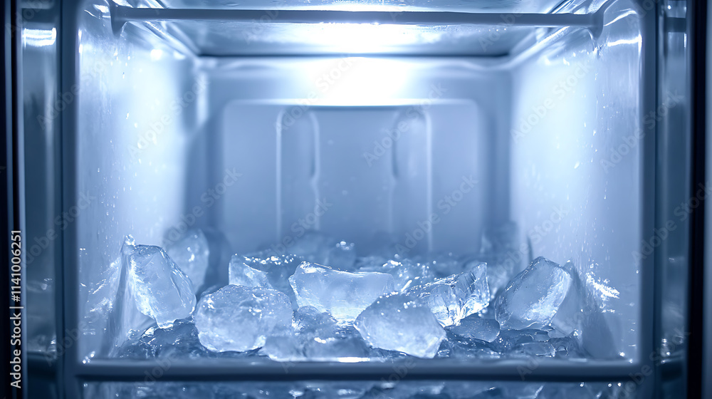 Poster refrigerator's empty freezer shows the accumulation of ice within the freezer walls