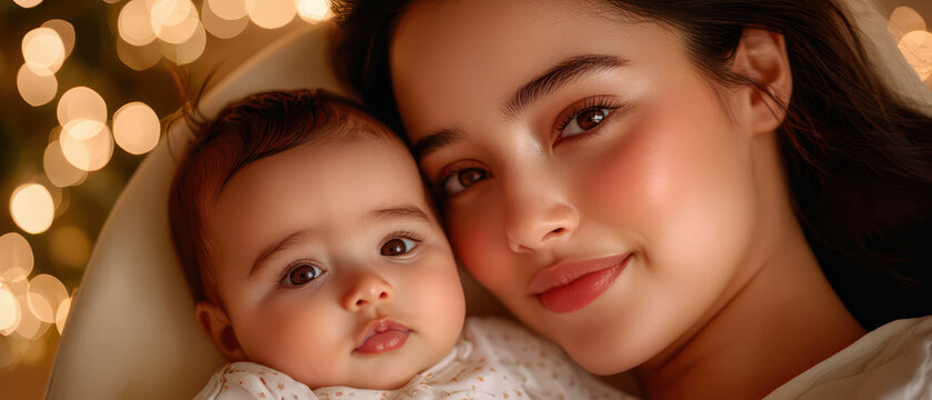 mother lovingly holds her baby close, sharing warm moment tog er. soft glow of lights in background enhances their bond