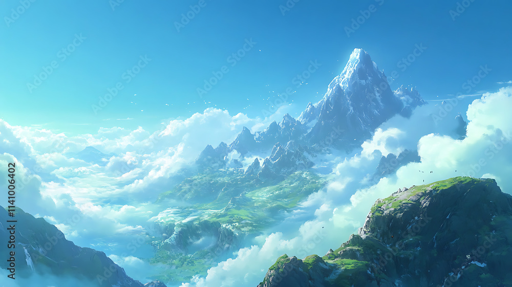 Poster sky is blue, it takes up most of the layout, and the peaks of the mountains are visible below