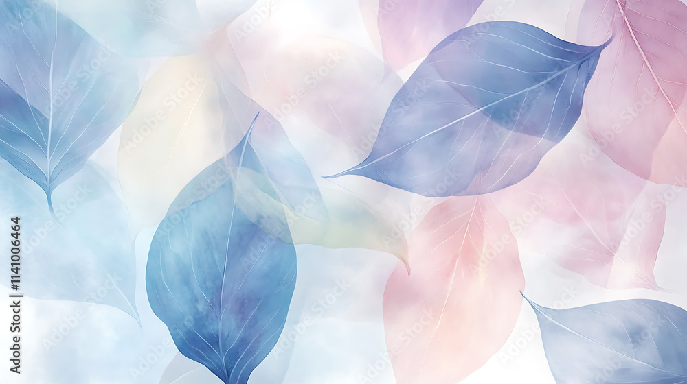 Poster abstract floral background features delicate leaf patterns and soft pastel colors, creating a sense 