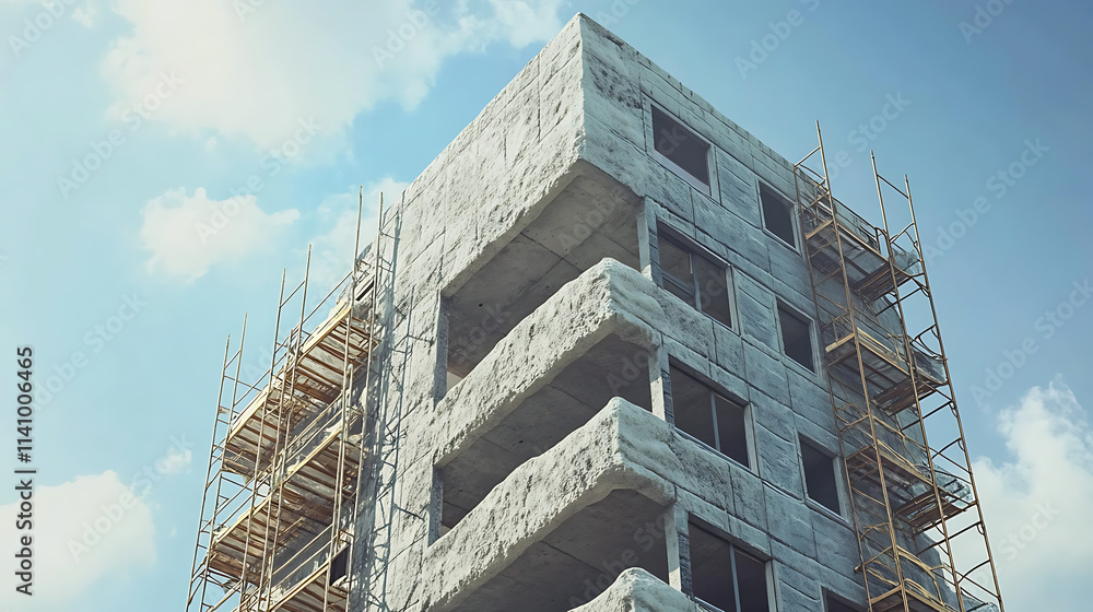 Poster Thermal insulation of a multi-story apartment building using scaffolding and thick slabs of rock mineral wool against a background of the blue sky