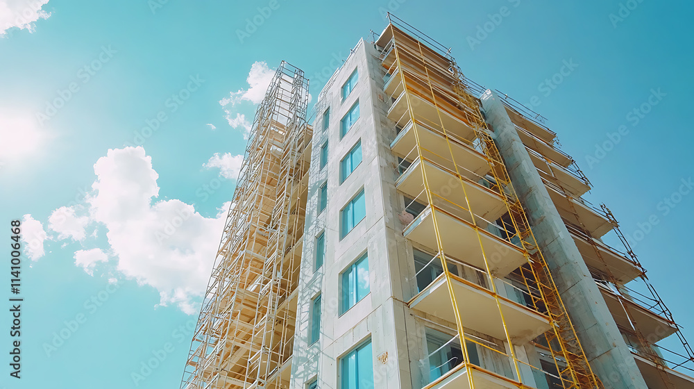 Poster Thermal insulation of a multi-story apartment building using scaffolding and thick slabs of rock mineral wool against a background of the blue sky