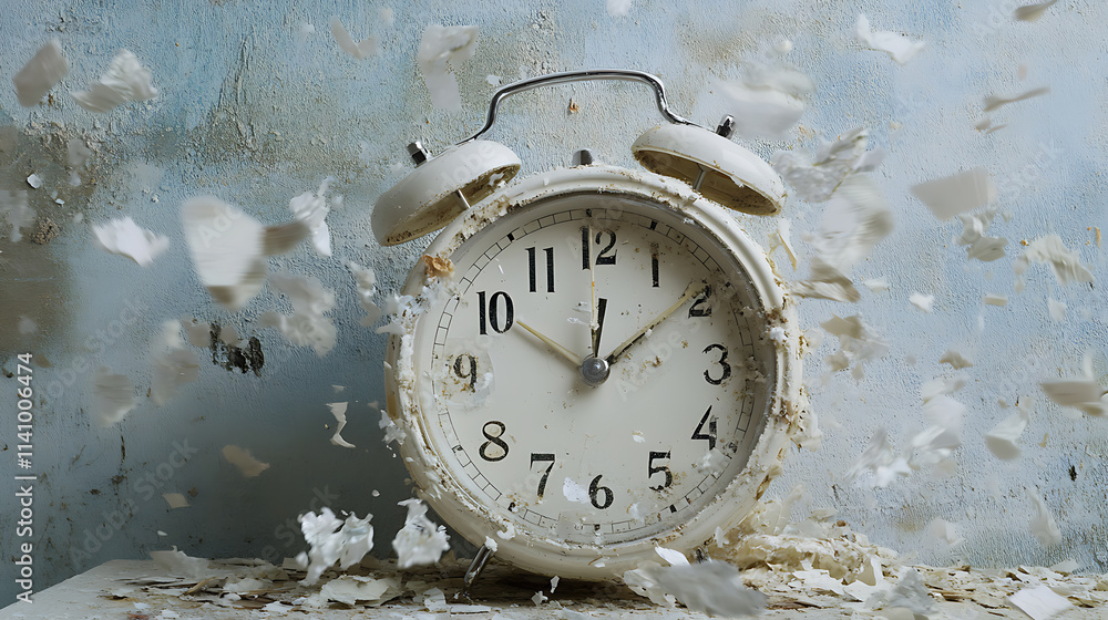 Poster there is not much time left, flying numbers on white alarm clock represent lost time, time is limite