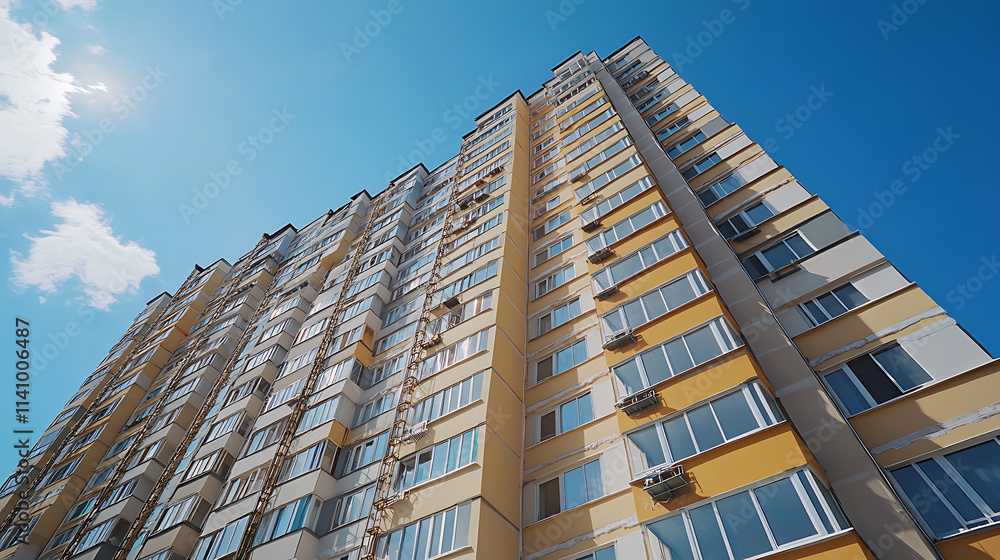 Poster Thermal insulation of a multi-story apartment building using scaffolding and thick slabs of rock mineral wool against a background of the blue sky