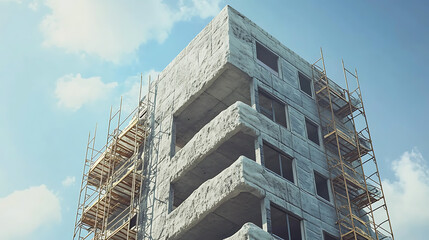 Thermal insulation of a multi-story apartment building using scaffolding and thick slabs of rock mineral wool against a background of the blue sky