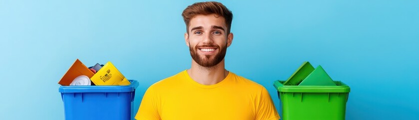 Obraz premium smiling man stands between two recycling bins, promoting eco friendly practices