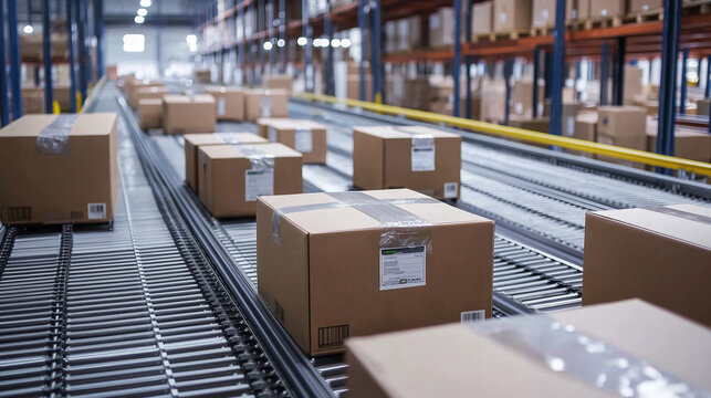 Logistikl&ouml;sungen f&uuml;r neue moderne Wege online zu bestellen mit Paketen auf F&ouml;rderband und Drohne mit Paket Lieferung 24/7 Roboter sortiert Pakete Generative AI