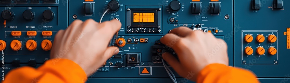 Poster hands adjusting equipment controls in laboratory setting, showcasing precision and focus
