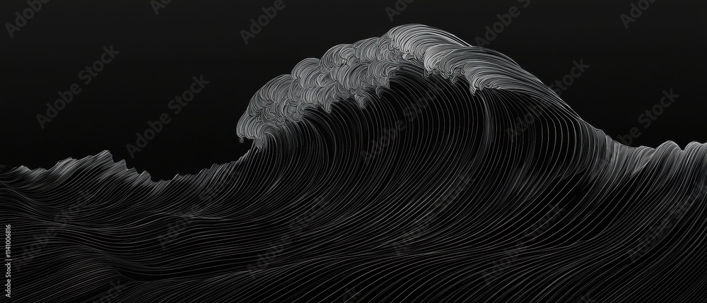 Poster black and white illustration of a wave. the wave appears to be in motion, with the crest of the wave