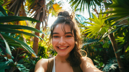 girl in a tropical jungle taking a selfie