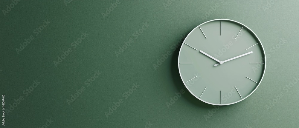 Poster close-up of a round clock face on a green wall. the clock face is white with a light green backgroun