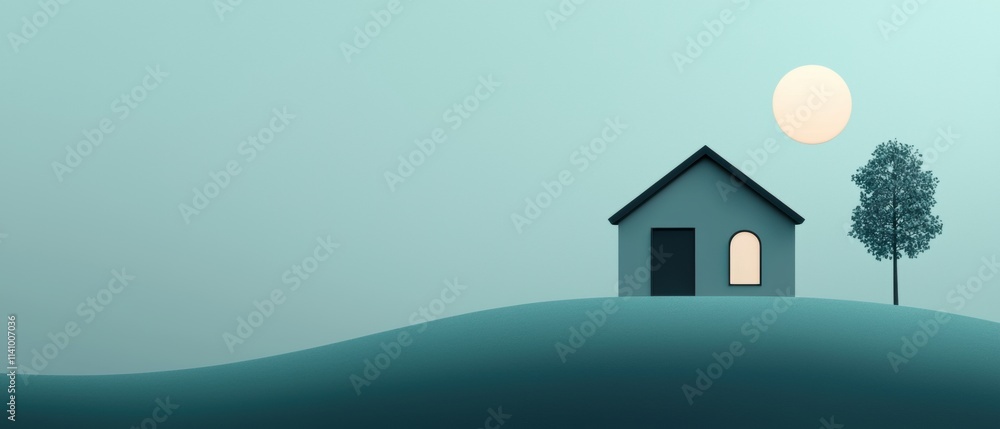 Poster digital illustration of a small house on a hill. the house is a two-story structure with a sloping r
