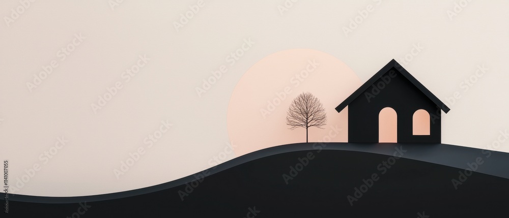 Poster digital illustration of a small black house on a hill. the house has a triangular roof and two arche