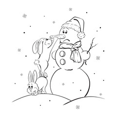 Vector New Year illustration in graphics with hares and snowman on snow