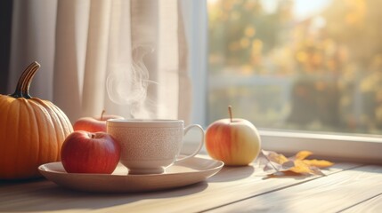 Steam Rising from Coffee Cup Surrounded by Autumn Fruits and Pumpkins