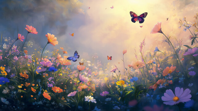 Typisches Gutscheinbild f&uuml;r den Fr&uuml;hling mit bunter Blumenwiese und Schmetterlingen weiches Licht Generative AI