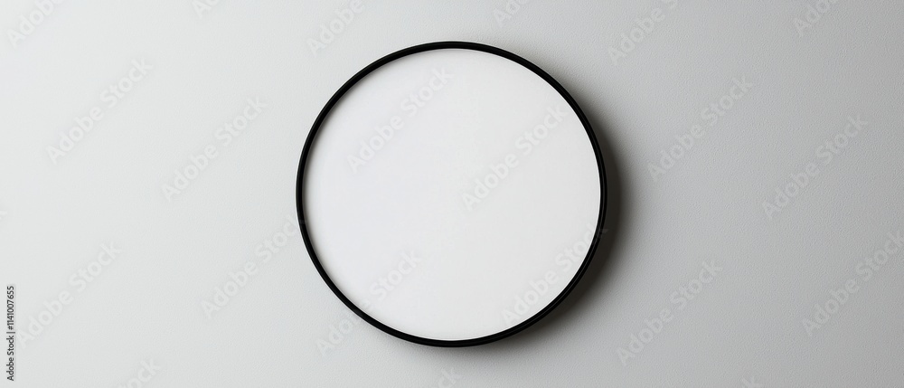 Poster black oval-shaped object hanging on a white wall. the object appears to be made of a thin, circular 