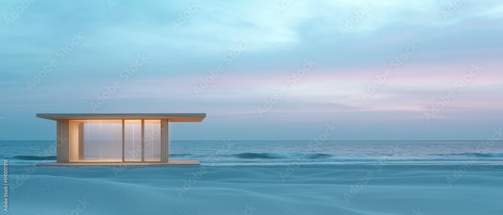 Poster small wooden structure on a sandy beach with the ocean in the background. the structure appears to b